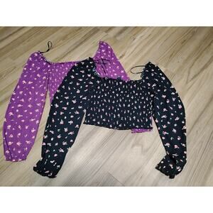 Bundle 2 Floral Forever 21 Cropped Tops Long Puff Sleeves Large Purple And Black
